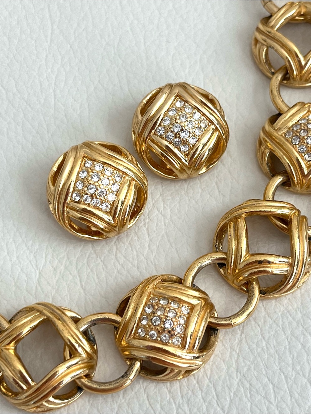 Authentic Vintage Dior Bird Cage Openwork Bead Gold Clip Earrings Necklace & Set